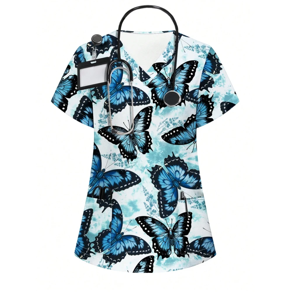 Damenbekleidung, V-Ausschnitt, Fantasy-Schmetterlingselement, 3D-gedruckte Krankenschwester-Arbeitskleidung mit Taschen, T-Shirt, lässiges Kurzarm-Oberteil