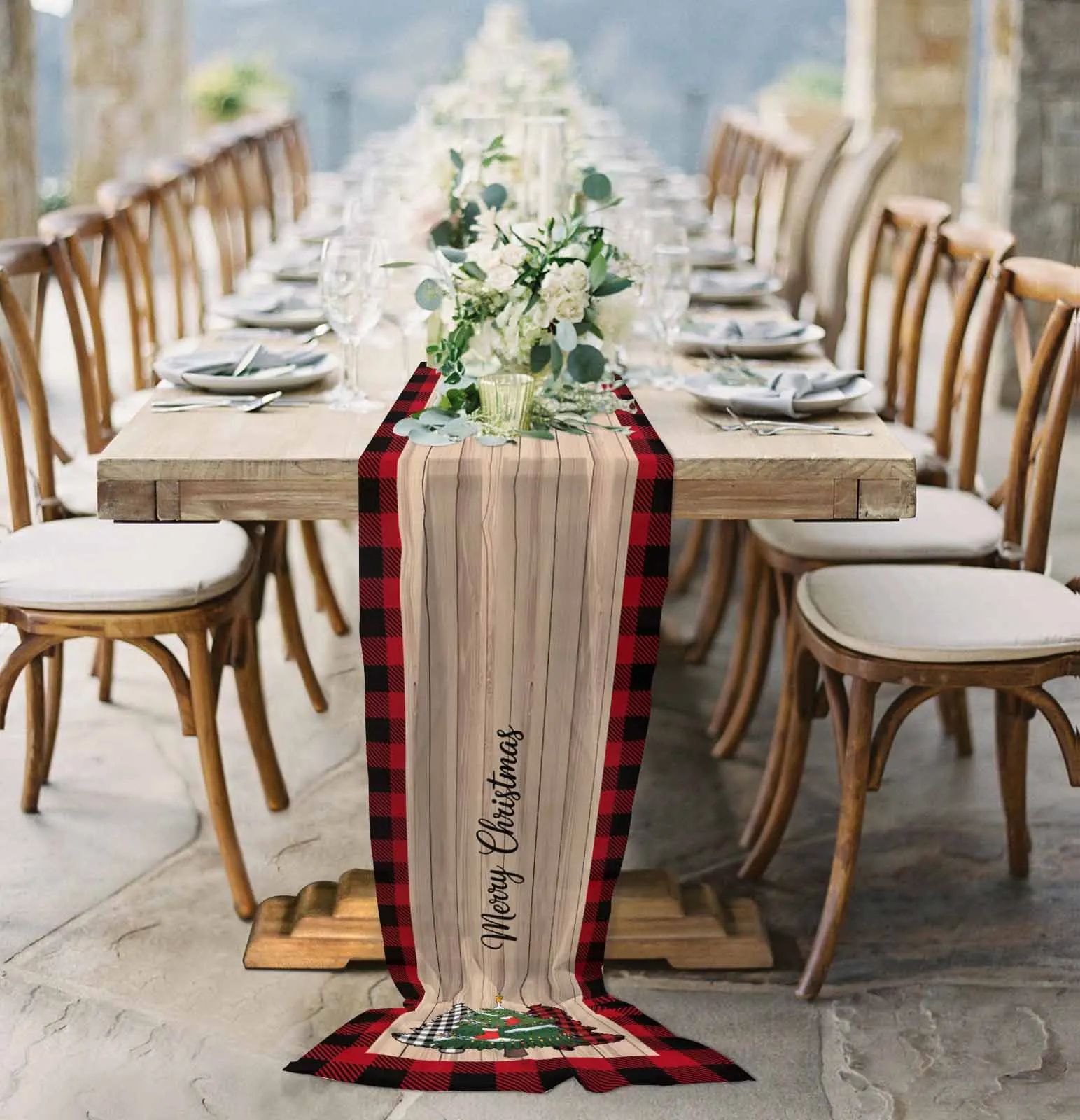 

Red Black Plaid Pine Tree Sheer Chiffon Table Runner Wedding Party Birthday Tulle Voile Tablecloth