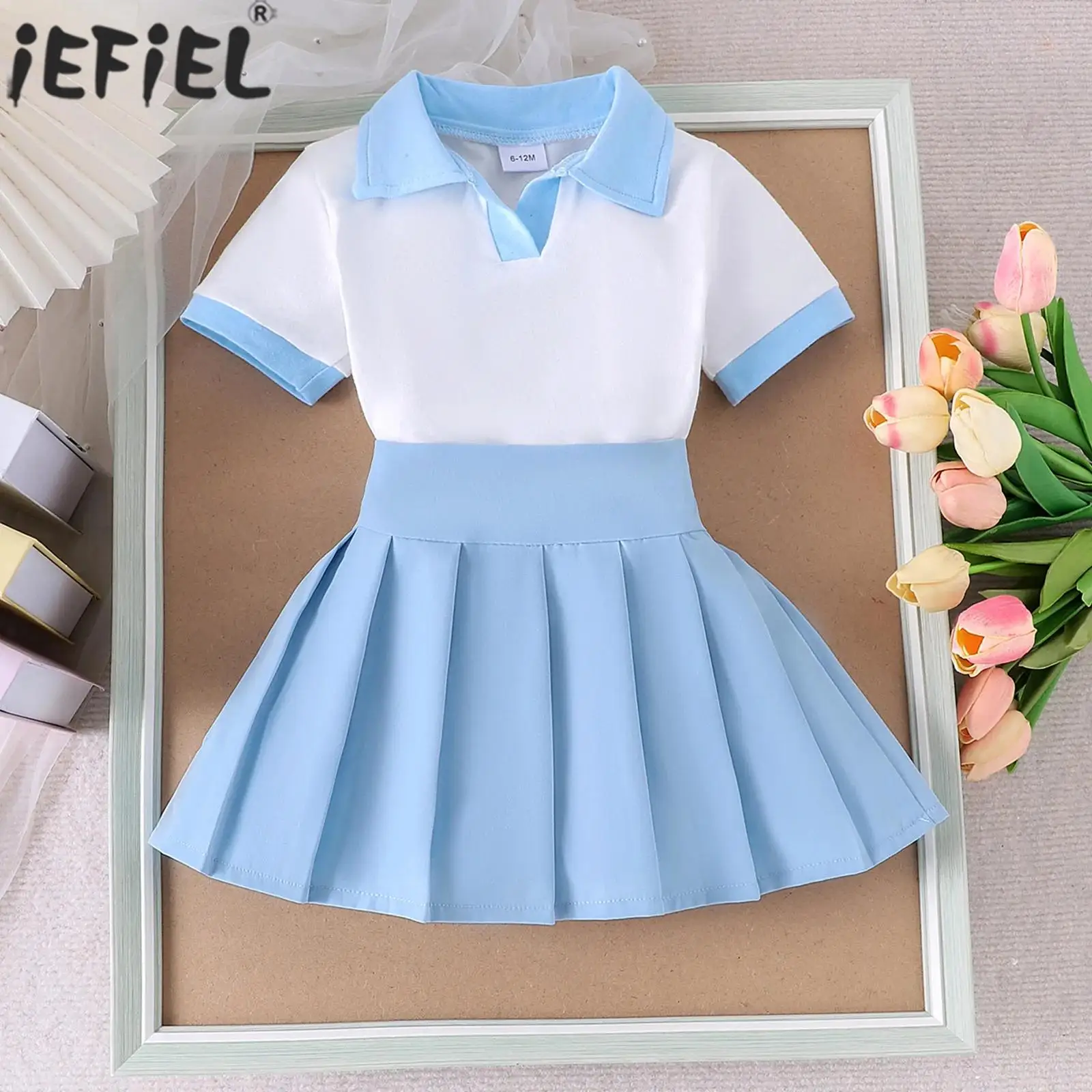

Baby Girls Summer Casual Short Sleeve Lapel Tops with Pleated Skirt Cute Preppy Style Student Outfit for School Party Daily Wear