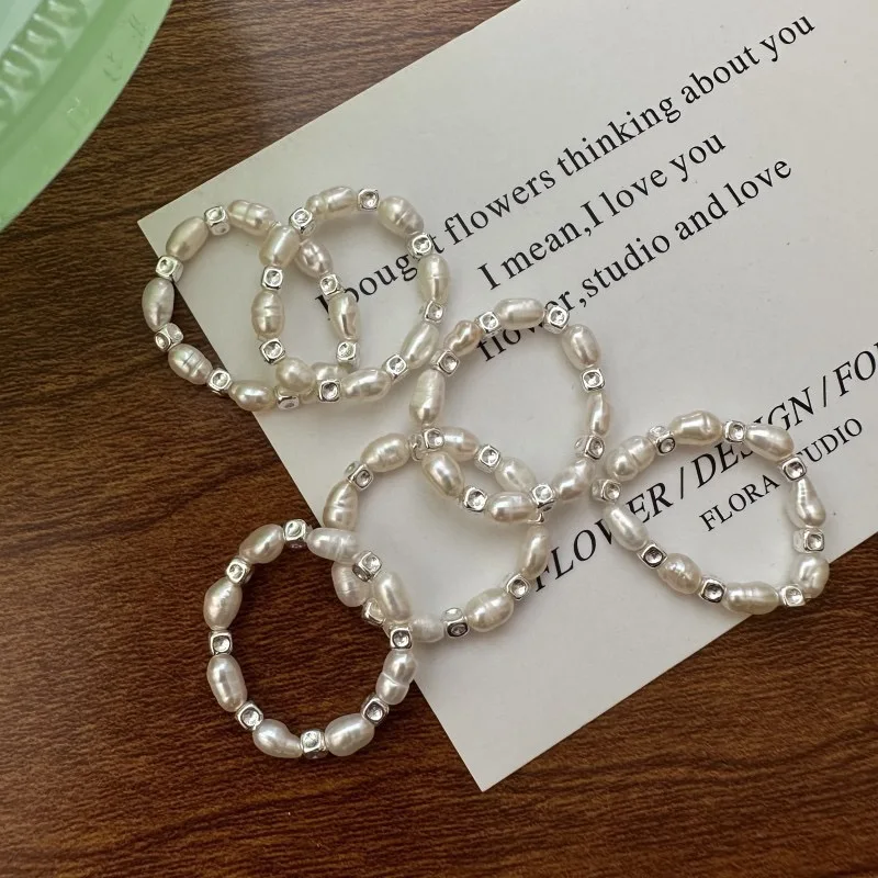 

925 Sterling Silver Rings For Women Geometric Fine Jewelry Finger Adjustable Round Pearl Ring For Party Birthday Gift