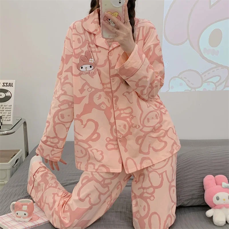 Kawaii Sanrio MyMelody Pajamas Cartoon Anime Home Long Sleeved Loose Cotton Autumn Soft Couple SleepWear Set Can Be Worn Outside