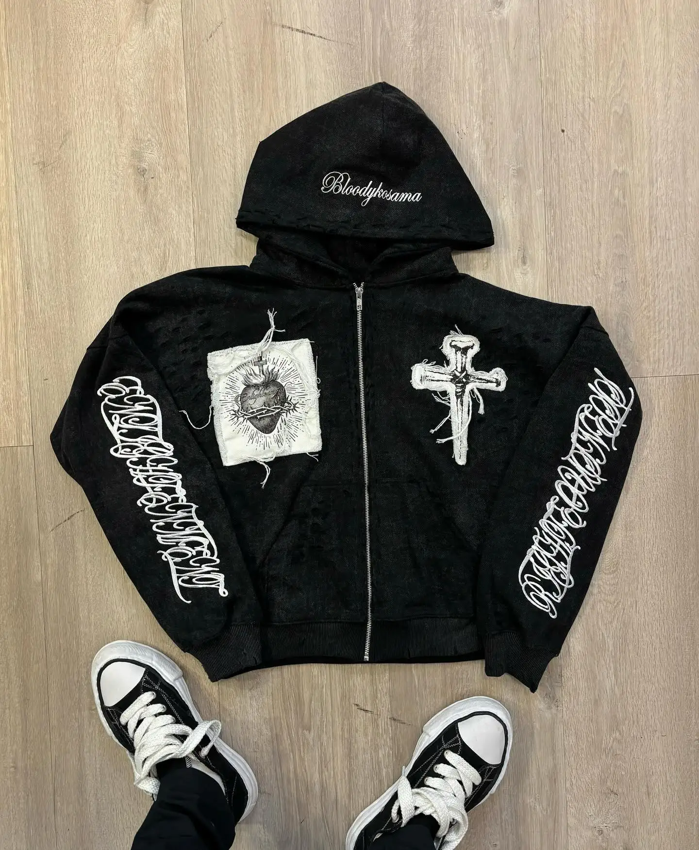 Y2k Sacred Cross Embroidery Hoodie Streetwear Men Trend Hip Hop Patchwork Zip Up Hoodies Black Sweatshirt Loose Jacket Clothing