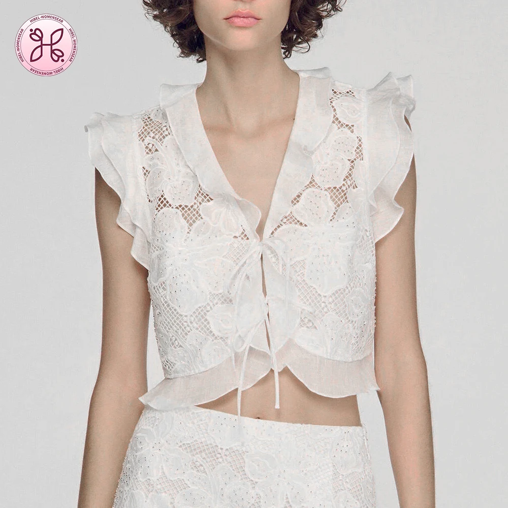 

French Niche Spring Summer Romantic Water-Soluble Lace Floral Ruffle V-Neck Tie Butterfly Sleeve Top women tops