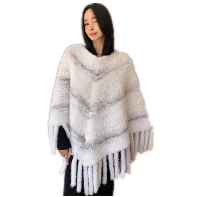 Luxury Women Winter Genuine Mink Fur Knitted Shawl with Tassel Warm Soft Female Fashion Casual Ponchos