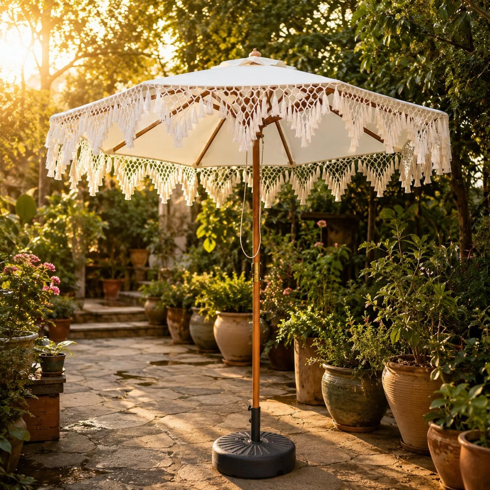 Fringed Sunshade Woven Fringe Round Sunshade Umbrella Wooden Garden Umbrella Light-Colored Sun Shelter Freestanding