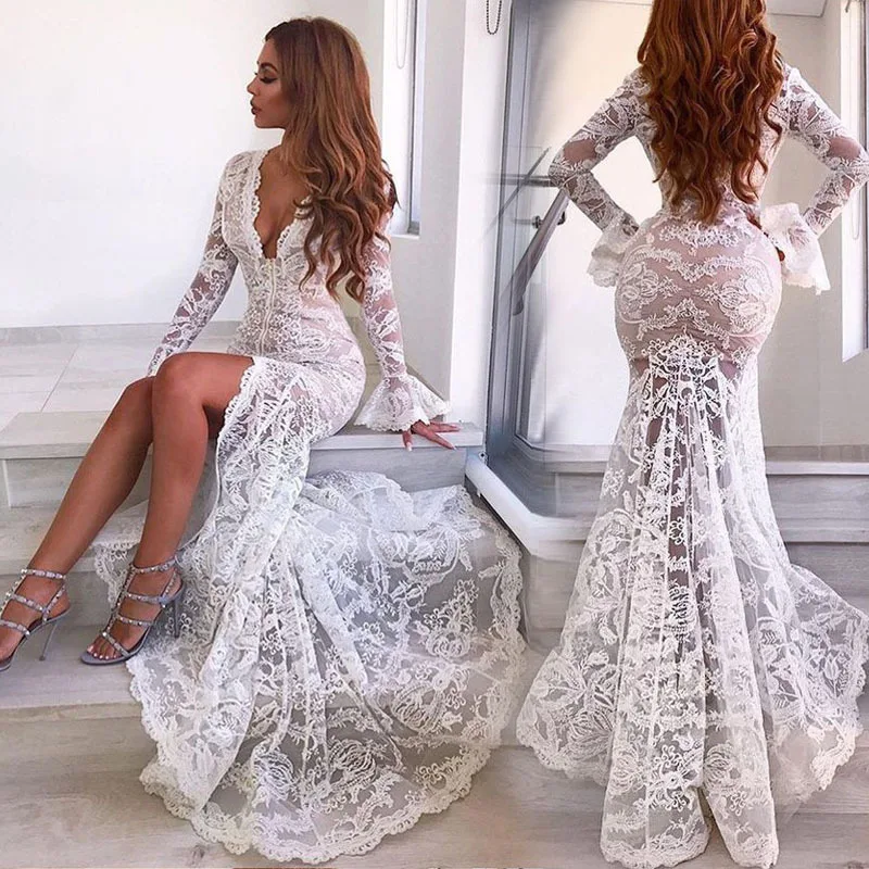 Eleganti abiti da sposa spose in pizzo bianco Sexy abito da sera da damigella d'onore con scollo a V profondo elegante maniche lunghe Vestido De Noiva femminile