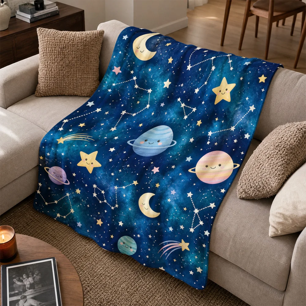 Cosmic Galaxy Stars Planets Moon Throw Blanket for Sofa Couch Decorative Nursery Bedding Plush Cozy Starry Sky Gift for Kids Bab