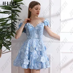 JEHETH Sky Blue Mini Prom Dresses Floral Off Shoulder V-Neck A-Line Vestidos De Festa Lace Up 3D Flowers Tulle Above Knee