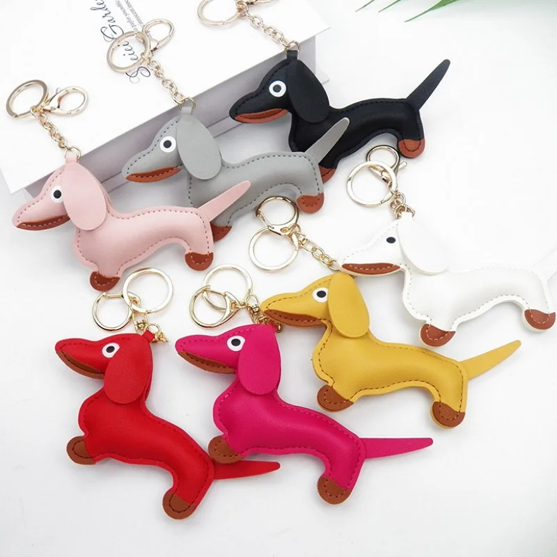 2023 NEW Punk Puppy Dachshund Keychain PU Leather Dog Keychains for Women Bag Pendant Jewelry Trinket Men\'s Car Key Ring Chain