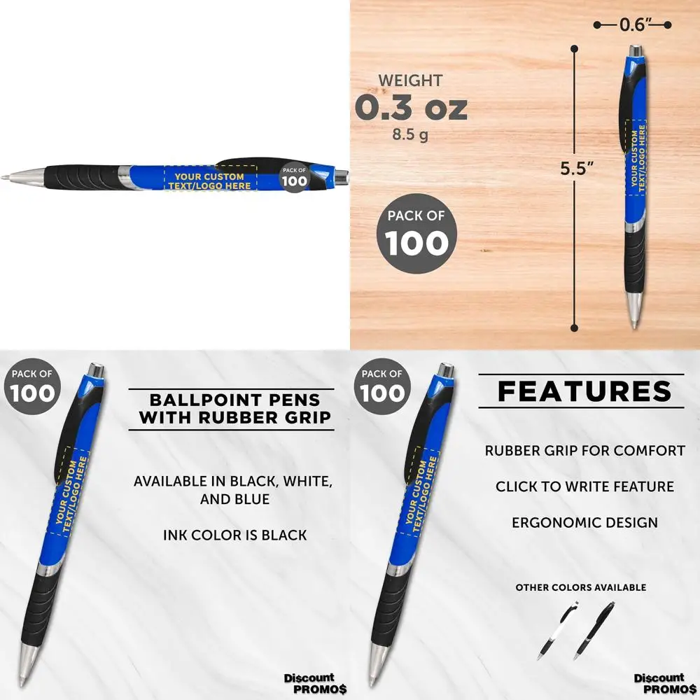 

Customizable Ballpoint Pens with Rubber Grip - 100 Pack, Soft Touch, Black Ink, Personalized Text and Logo Options