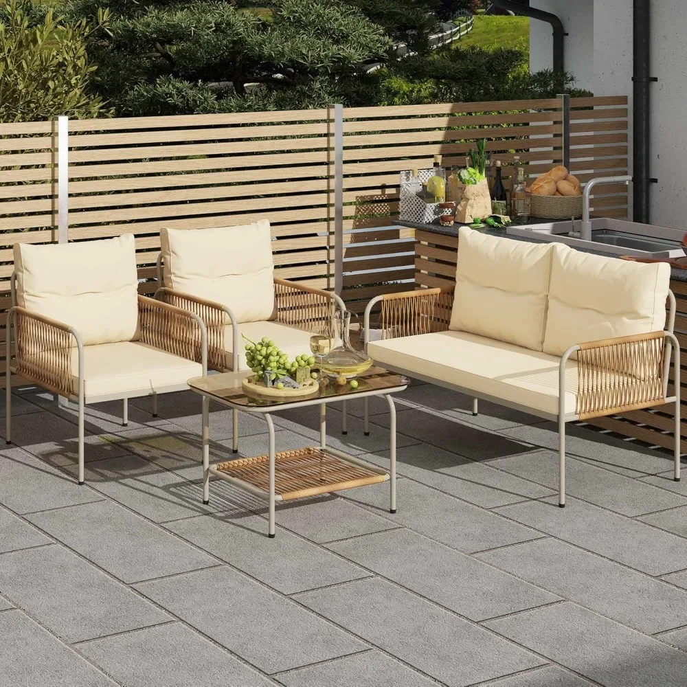 

4 Pieces Wicker Outdoor Conversation Set, All-Weather Rattan Bistro Set with Glass Side Table and Cushions, Loveseat Set