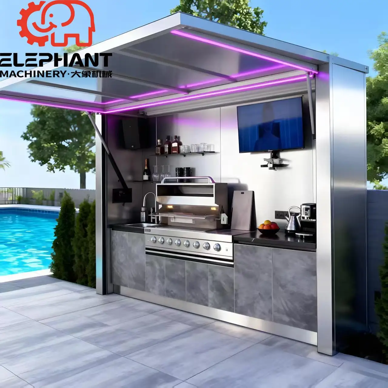 Modular Weatherproof Enclosed Shelter Outdoor Kitchen Pavilion Featuring Electric Sink Stainless Steel Easily Assembled