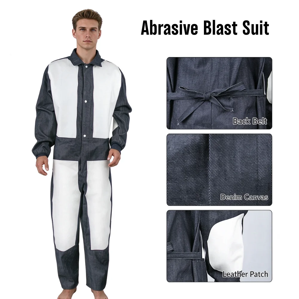 Abrasive Blast Suit Spray Paint Sandblasting Protective Safety Work Overalls Denim with Cowhide Outfit
