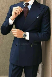 2024 New Custom doppio petto blu scuro abiti da uomo Casual blazer maschili Slim Fit Groomsmen 2 pezzi Costume abbigliamento uomo