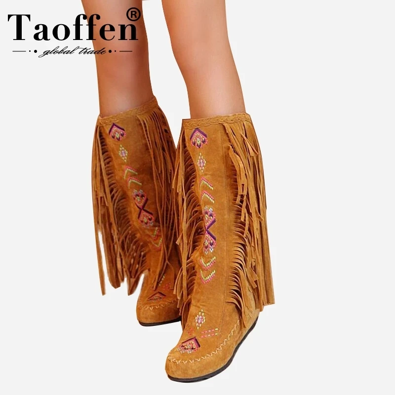 TAOFFEN Fashion Chinese Nation Style Flock Leather Women Fringe Flat Heels Long Boots Woman Tassel Knee High Boots Size 34-43