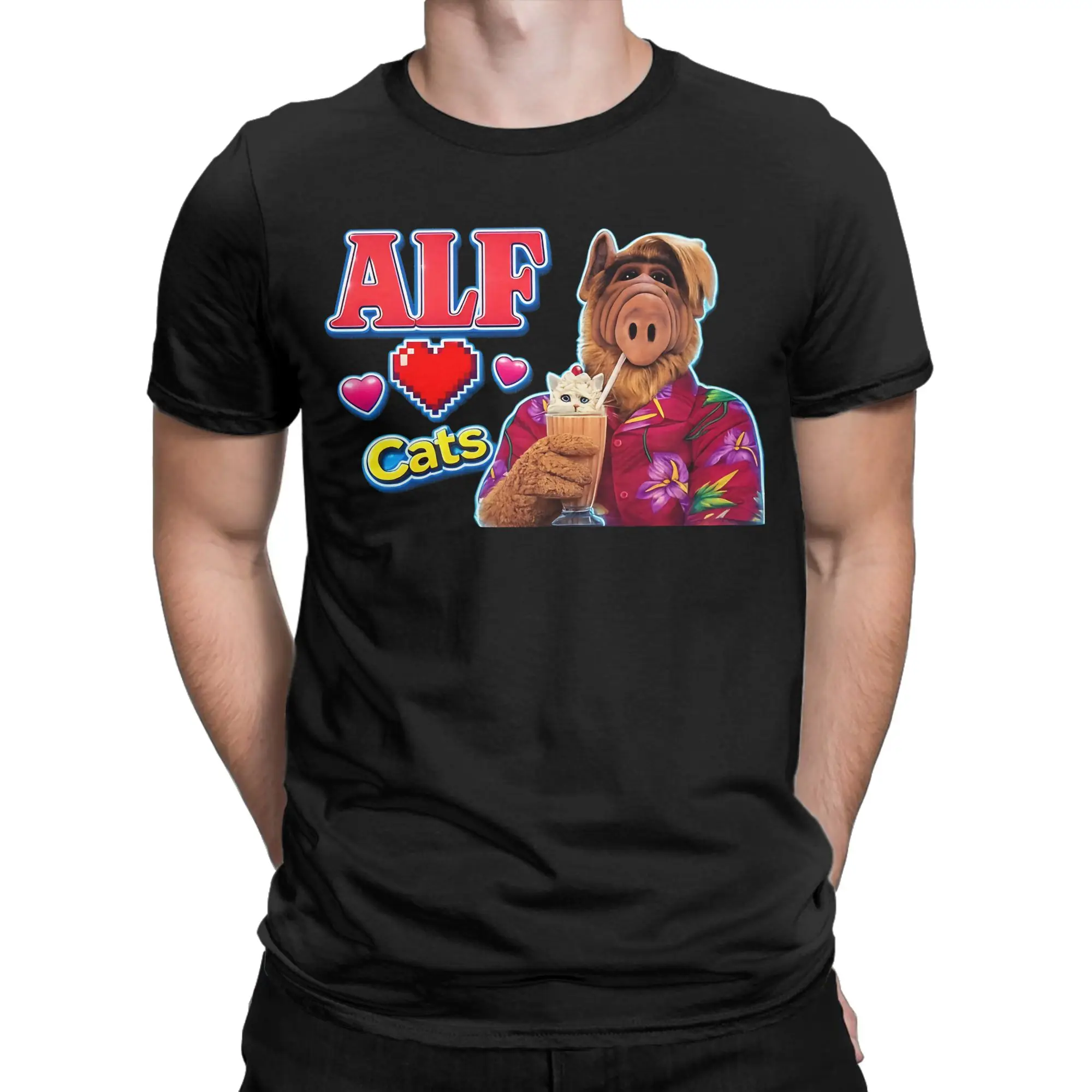 Mens T Shirt ALF Loves Cats Milkshake T Shirts Harajuku  Beach Tees Streetwear Pure Cotton Tops Birthday Present