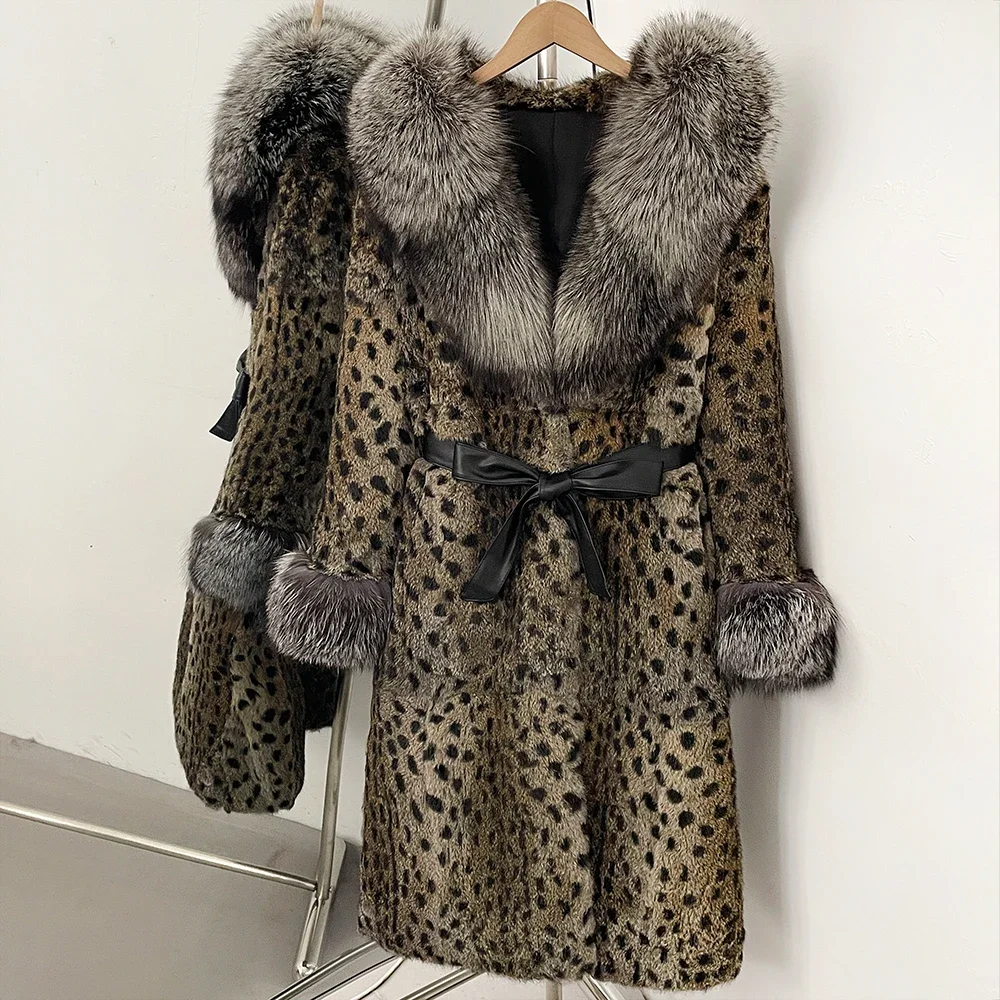 OFTBUY Kapuzenjacke mit Gürtel, Damen, Neu, warm, mit natürlichem Fuchspelzkragen, Winterbekleidung, Damen, Leopardenmuster, echter Kaninchenpelzmantel. – Detail 17