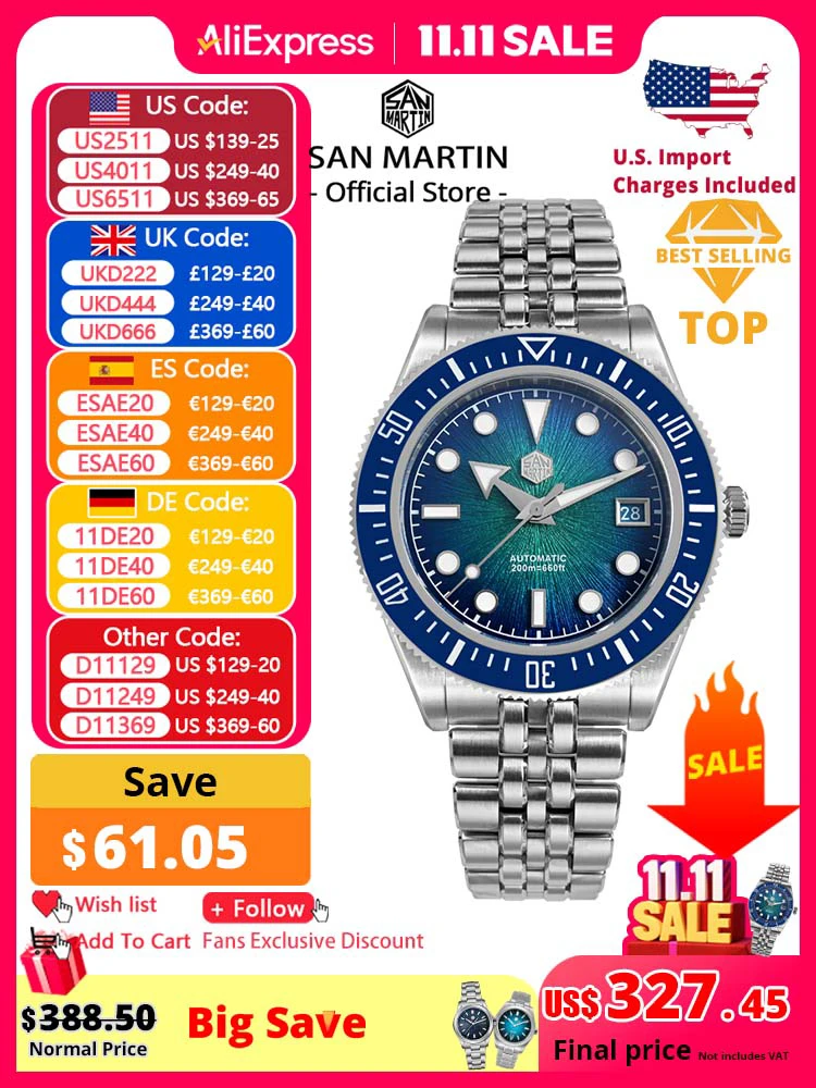 San Martin 40mm Men's Luxury Diver Watch Miyota 9015 Enamel Sunburst Dial Automatic Mechanical Wristwatch Waterproof 200m SN0148