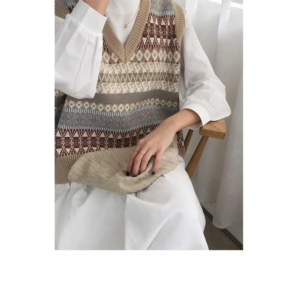 Loose Oversized Tops Autumn Basic Vintage Pullovers Jumper Female Street Wear Geometric Knitted Vest Sleeveless Sweater Women