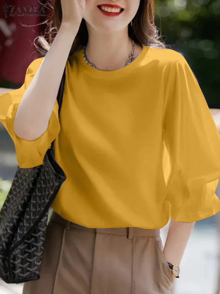 

ZANZEA Casual Loose Blusas Women Solid Color Blouse Holiday Half Puff Sleeve Tops 2025 Summer Fashion Korean Basic Shirts Femme