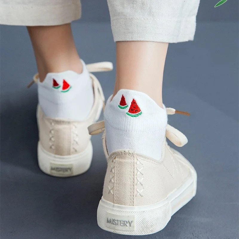 Casual Solid White Socks Women Embroidery Fruits Avocado Strawberry Watermelon Banana Short Socks Summer Harajuku Ankle Socks