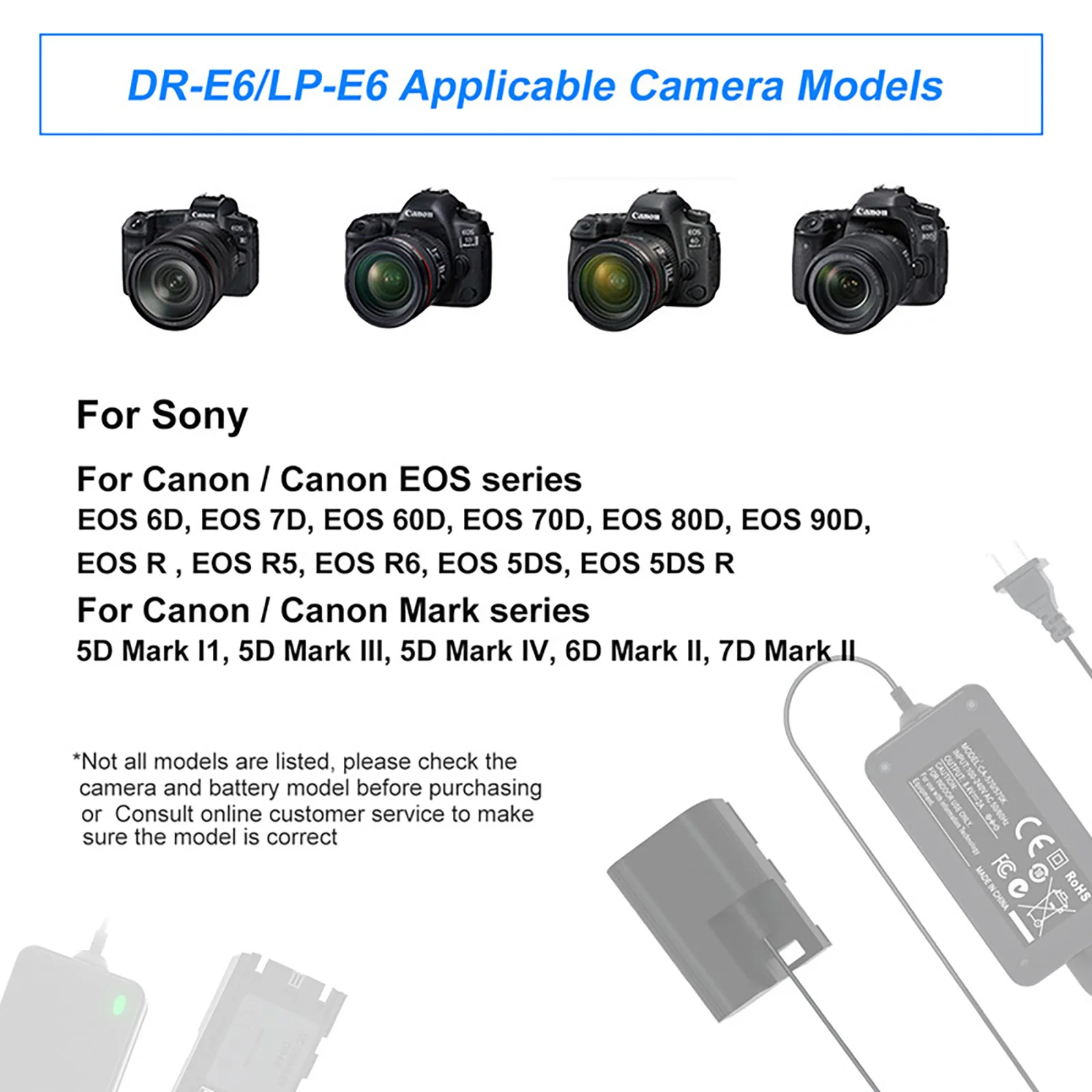 ACK-E6 Zasilacz sieciowy DR-E6 Łącznik DC LP-E6 LP-E6N Akumulator atrapa do Canon EOS R R5 R6 R7,80D 70D 60D 90D, 5D Mark II