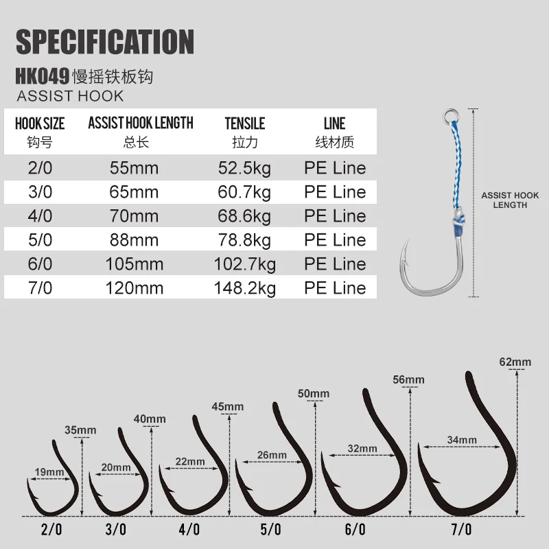 TEASER HK049 Slow Jigging Assist Hook Single Hook 2/0-7/0 Sharp Flat Forged High Tensile PE Braided Line Metal Jig Fishing Hooks