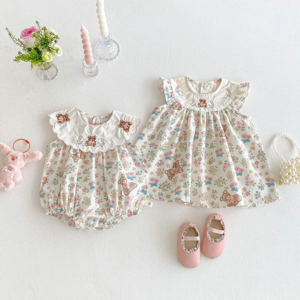2026 Summer Sister Match Clothes Sleeveless Bear Embroidered Flower Romper Baby Girls Bodysuit A-line Dress Outfits Sunsuit