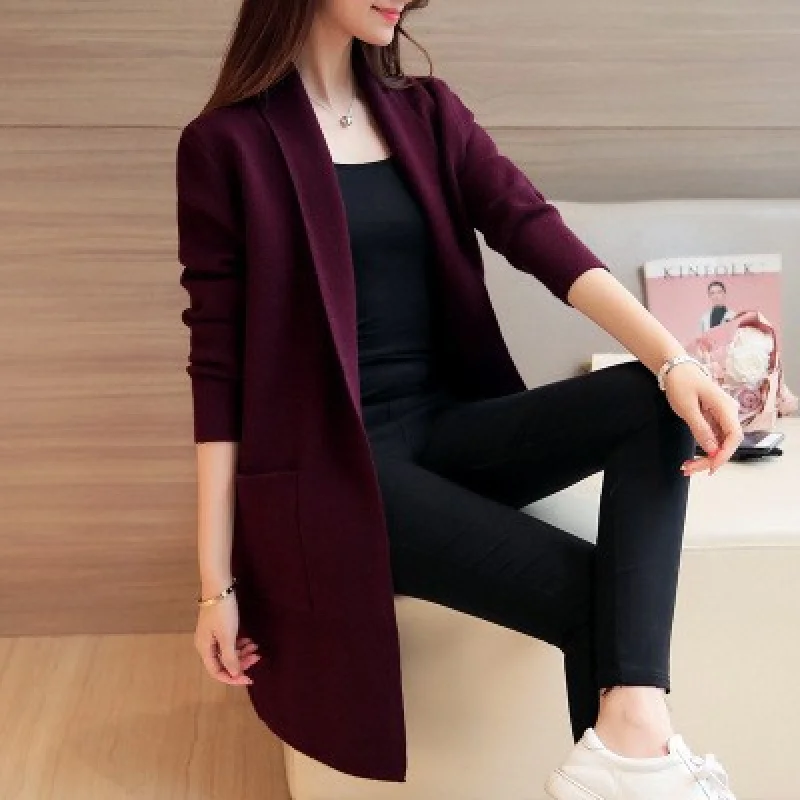 

Autumn New Korean Version Versatile Loose Pocket Mid-Length Knitted Cardigan Sweater Coat Women Long Sleeve Top