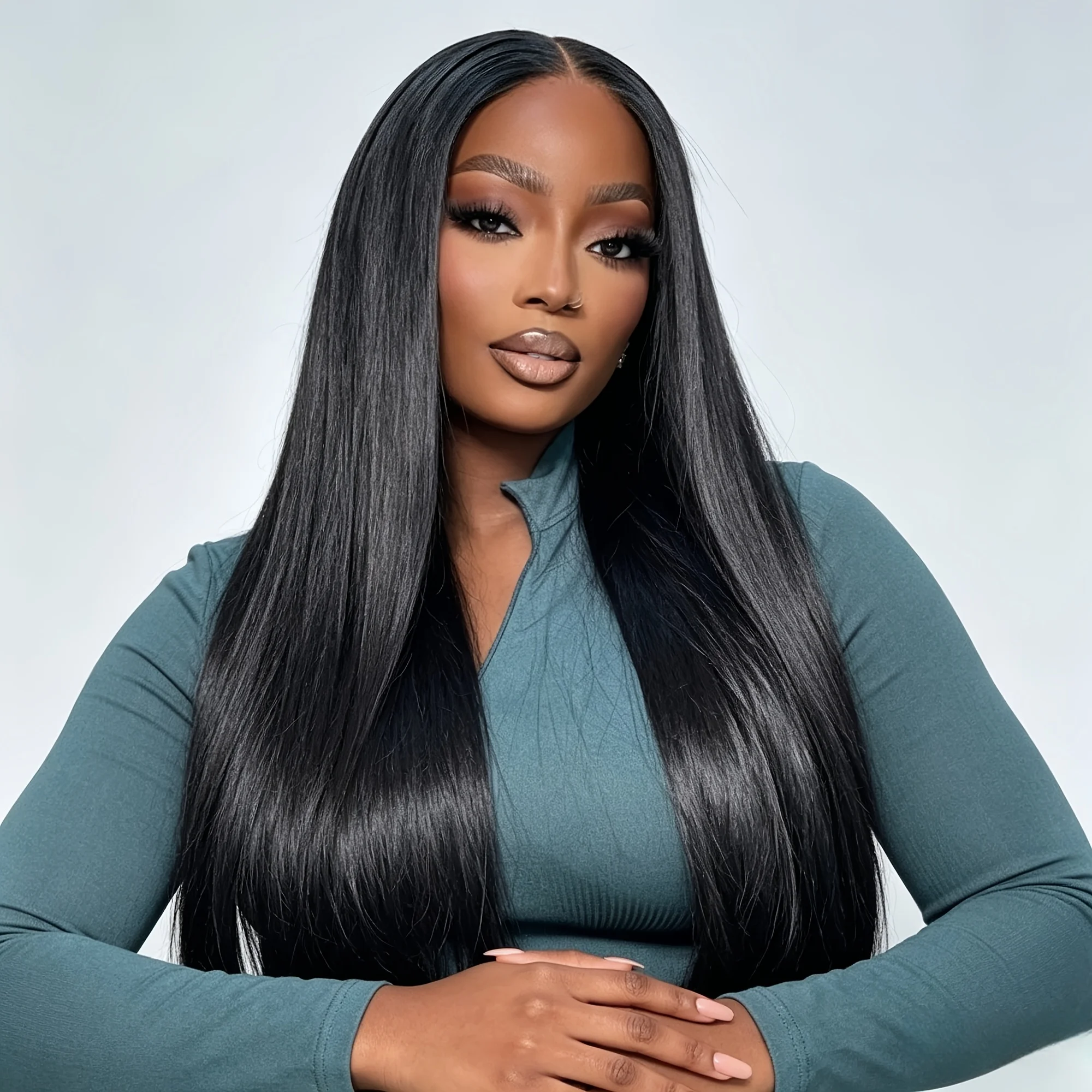An attractive black long straight hair wig with a mid-section design, high-density heat-resistant synthetic fiber, 26 inches