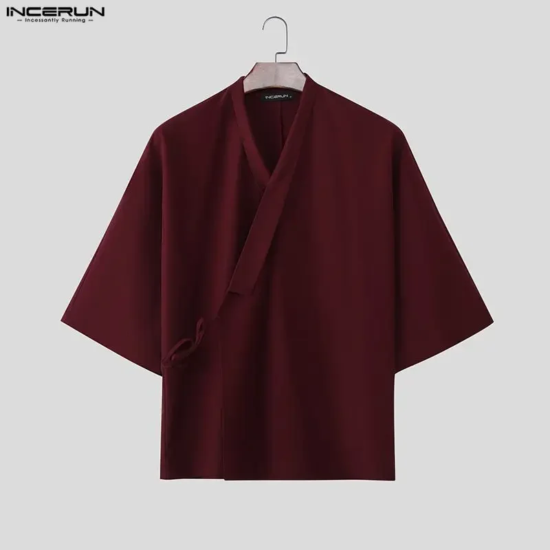 INCERUN Men Shirt Solid Color V Neck 3/4 Sleeve Casual Men Clothing Lace Up Streetwear Fashion Leisure Male Tops Shirts Harajuku
