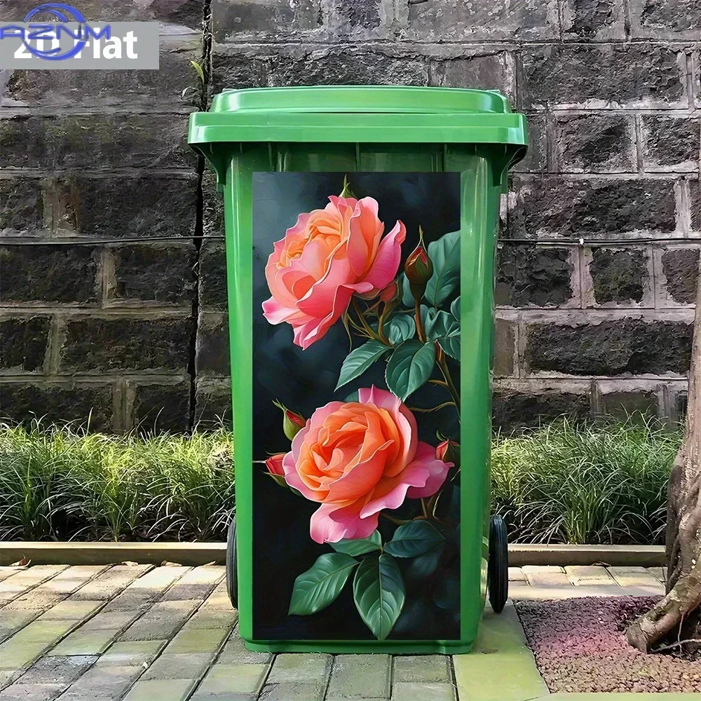 2D Flat Dreamy Flower - Lined Path Trash Can Sticker – Waterproof, Enchanting and Peaceful, Landscape-Themed, Bin Decoration,