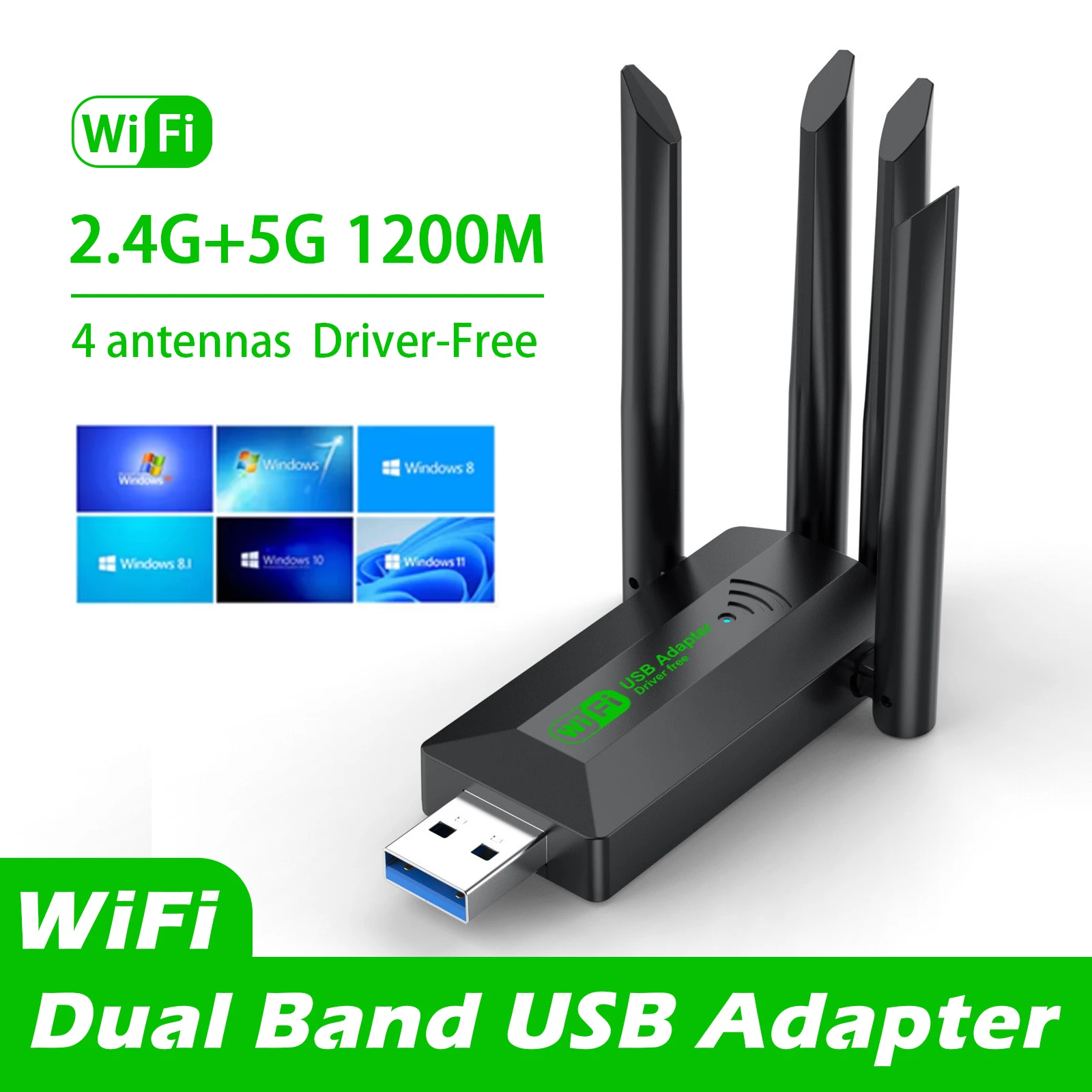 

1200Mbps WiFi USB Adapter Dual Band 2.4G+5Ghz Wi-Fi Dongle 4 Antenna 802.11AC USB3.0 High-Speed Wireless Card Receiver PC/Laptop