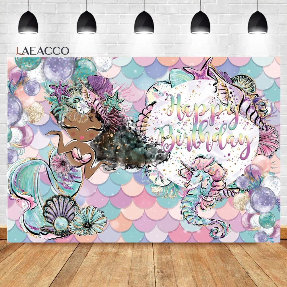 

Laeacco Under The Sea Glitter Colorful Mermaid Scales Birthday Background Girl Baby Shower Portrait Custom Photography Backdrop