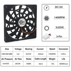 1pcs SXDOOL 12mm Ultra thin fan 120x120x12mm 12cm 120m fan DC 12V 3-Pin 1400RPM DC cooling for computer Case 1212S12S 12012