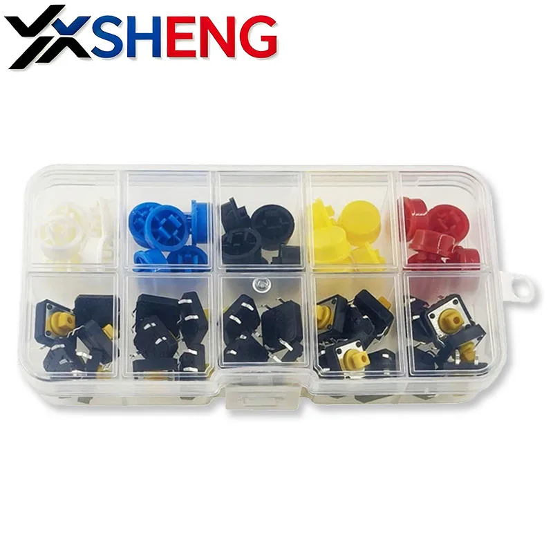 50PCS New Tactile Push Button Switch Momentary KIT 12*12*7.3 White Blue Black Yellow Red Round Hat+ Push-button Switch With Box