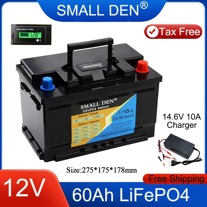 12V 60Ah LiFePO4 Battery Automatic Car Starter Build-in BMS 12.8V Power Supply Portable Rechargeable Car Lighter Solar RV Cell