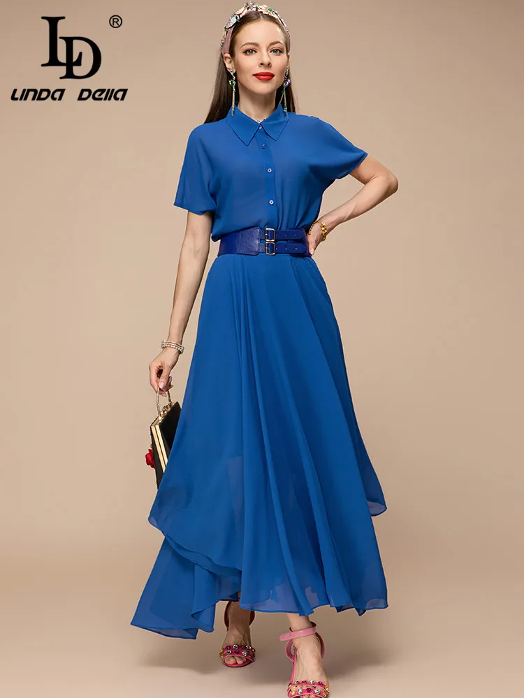 LD LINDA DELLA New 2023 Summer Fashion Women Blue Elegant Asymmetrical Long Dress Turn-down Collar Sashes Slim Pleated Dresses