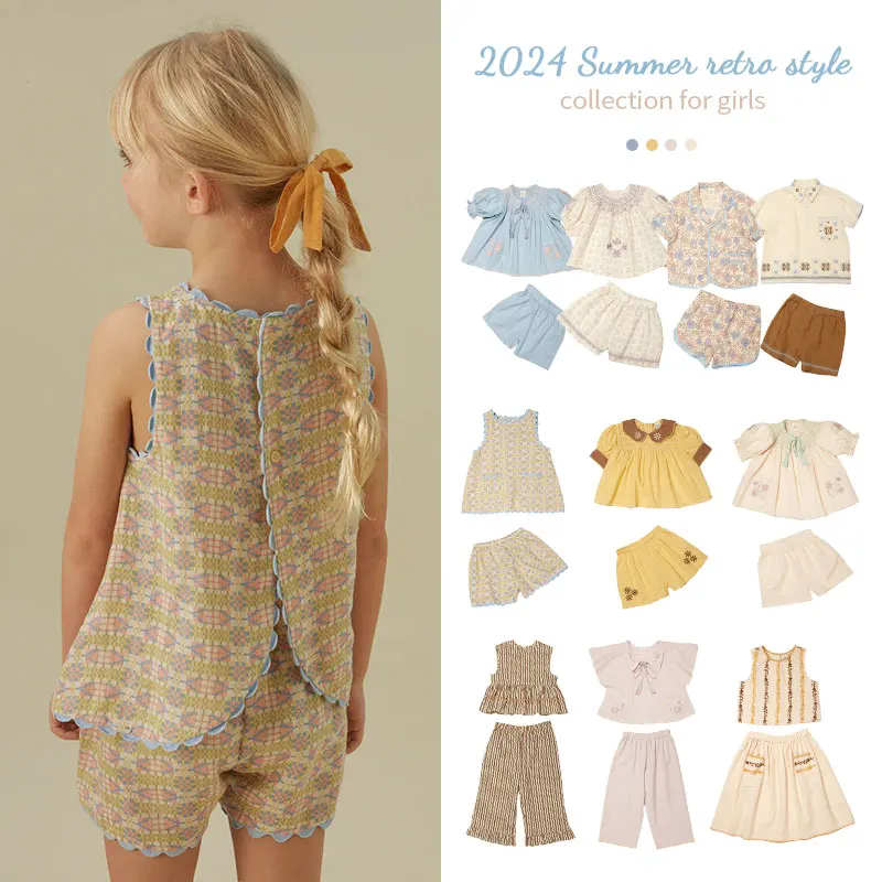 New 2024 APO Korean Kids Clothes Girl set For Summer Embroidery Children\'s suit Children\'s High quality Clothings Top sets