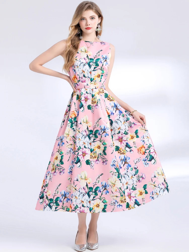 Férias de verão rosa vestidos florais feminino tanque colete sem mangas fino cintura alta bolso flor impressão praia festa midi vestido