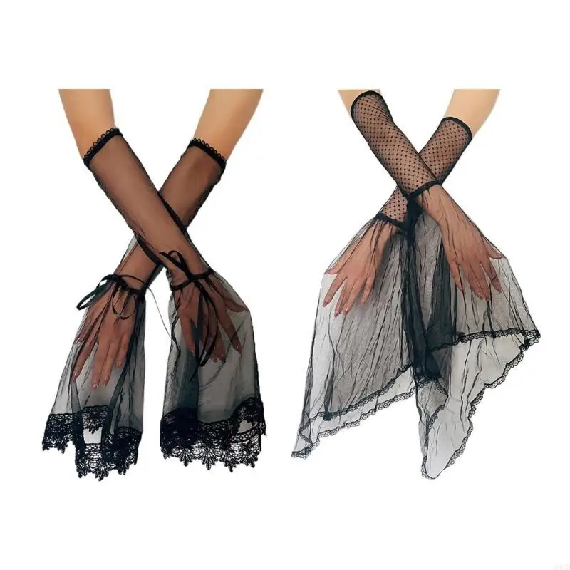 M6CD Zwarte Kanten Manchetmouwen voor Vrouwen Tieners Meisje Elegante Afneembare Strik Decoratieve Mouwen Halloween