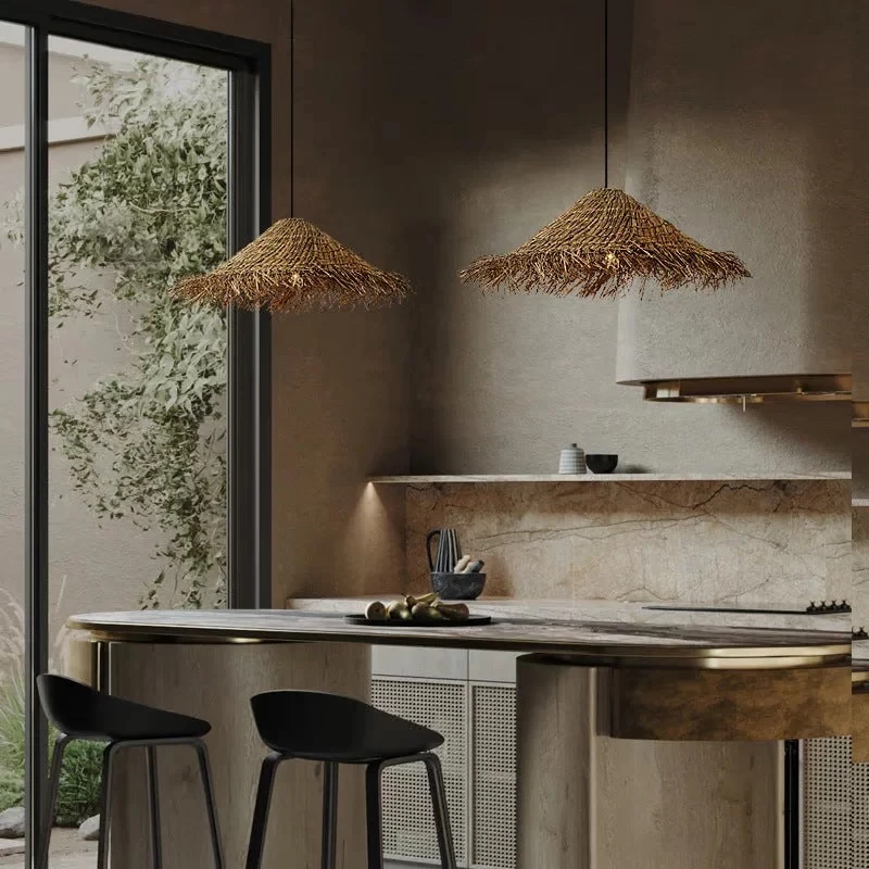 Handmade round straw hat personalized rural restaurant bamboo weaving lamp creative vine pendant light