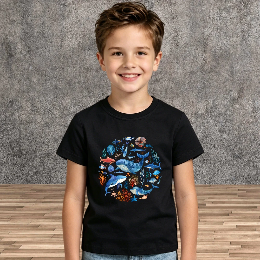 Summer New Arrival Boys Girls T-Shirt Colorful Marine Life Short Sleeve Kids Tees Various Sea Creatures Print Shirt