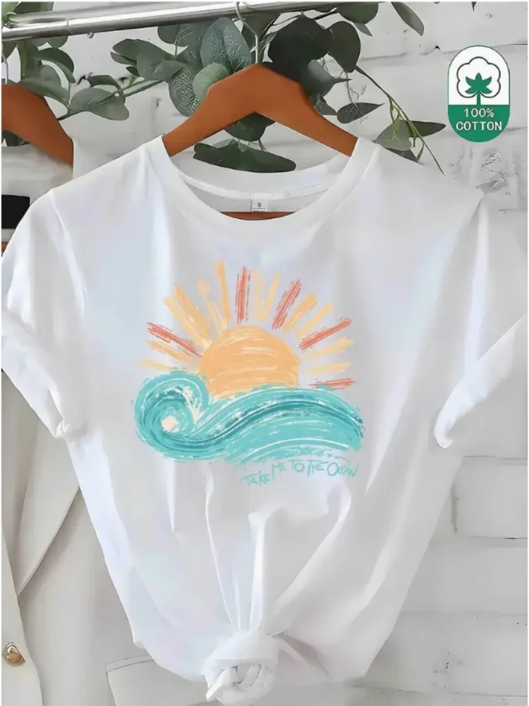 Novo graffiti ilustração onda sol impressão criativa solto-ajuste algodão camiseta feminina algodão macio casual moda topo y2k coleção