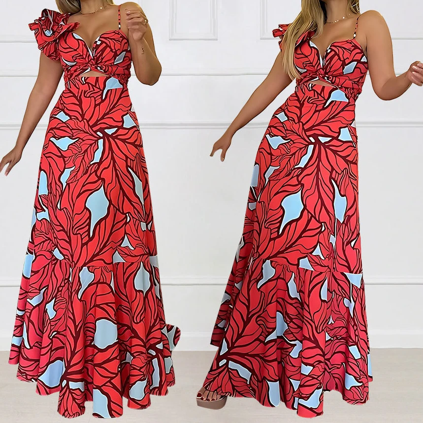 

Long Dress Print Women Casual Strapless Dresses Elegant A Line Sleeveless V Neck High Waist Maxi Vestidos Summer Party Beach