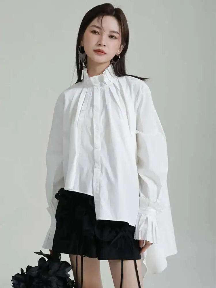 

Women White Pleated Irregular Big Size Blouse New Stand Collar Long Sleeve Shirt Fashion Tide Spring Autumn