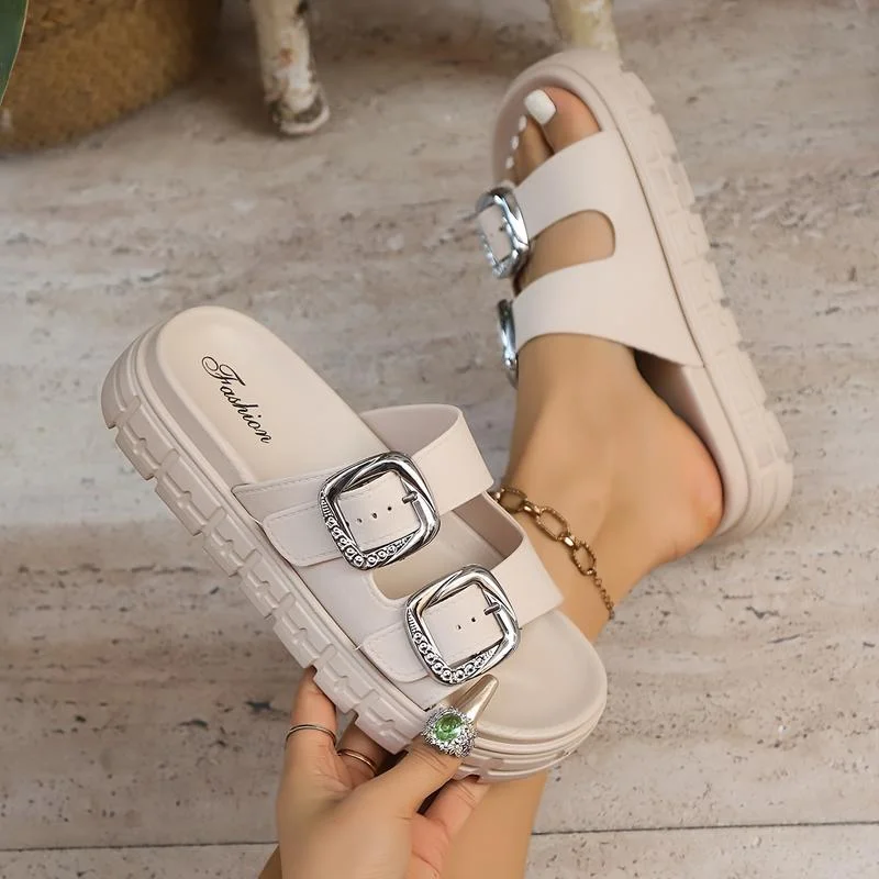 

Women Platform Slide Sandals Summer Double Adjustable Buckle Thick Sole Anti-Slip Casual Beach Shoes for Daily Wear Getaways