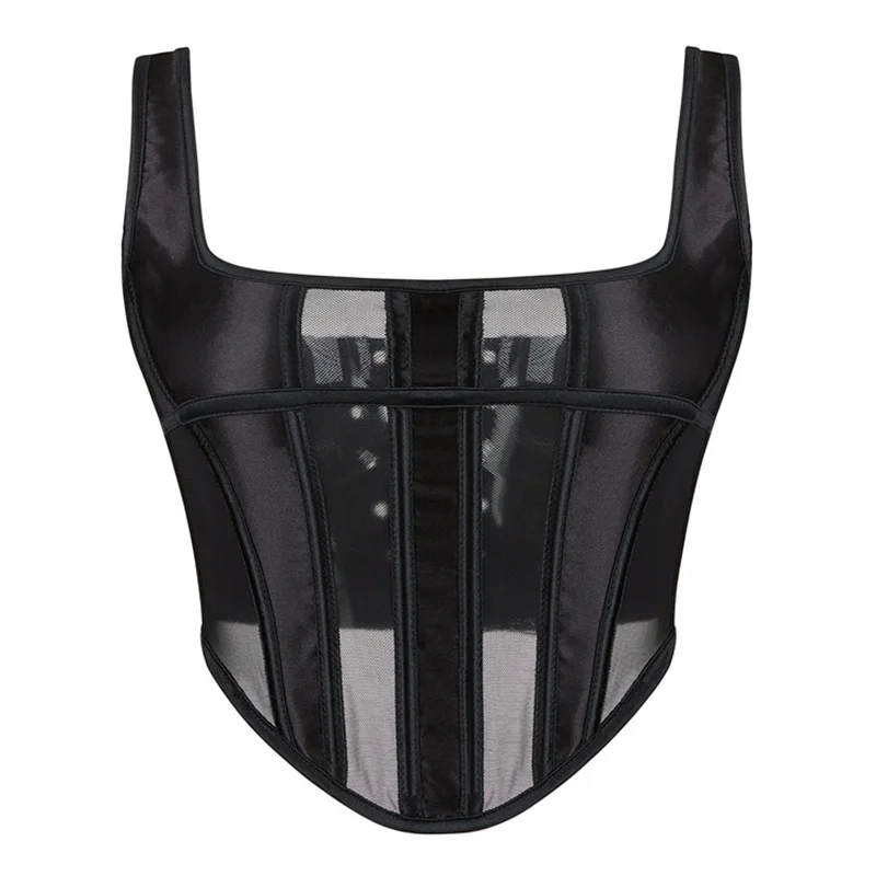 

Corset with Strap Black Mesh See-through Bustier Oufits Fashion Gothic Shapewear Short Runway Model Corsets Women