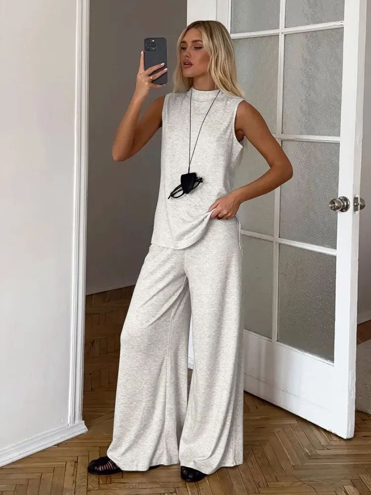 Spring and summer new women's vest long pants set, women's casual wear sleeveless vest wide leg pants casual two-piece set