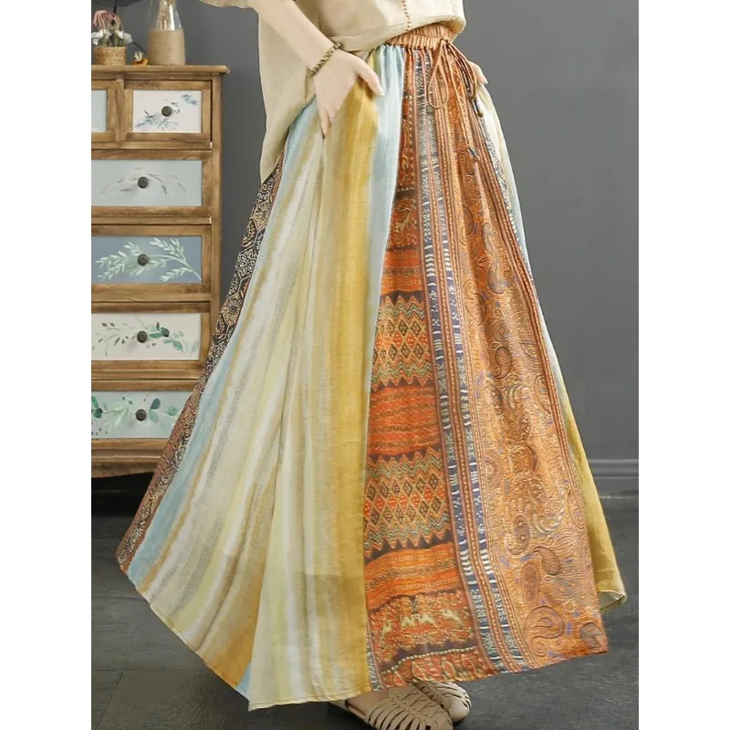 

Retro Ethnic Style Printed Cotton Linen Skirt